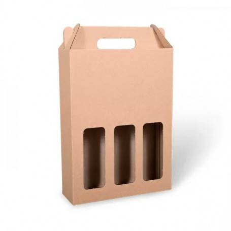 Caja de Cartón Marrón para 3 Botellas con Ventana